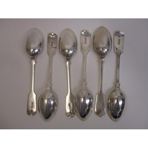 303 - A set of six Victorian silver Fiddle pattern dessert spoons by Robert Stebbings, London 1898, initia... 