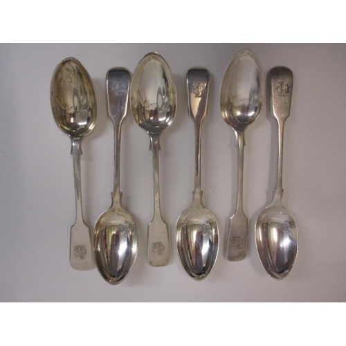 303 - A set of six Victorian silver Fiddle pattern dessert spoons by Robert Stebbings, London 1898, initia... 