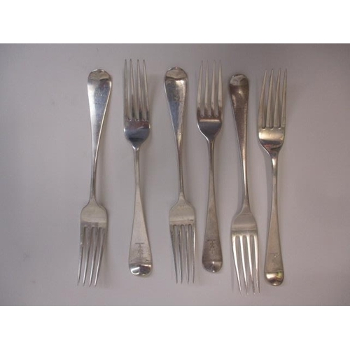 305 - A matched set of six 19th century Old English pattern side forks, one by Thomas Dicks, London 1801, ... 