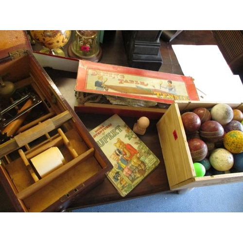 125 - A Victorian mahogany cash till, alongside a mixed lot of childrens items to include a table tennis s... 