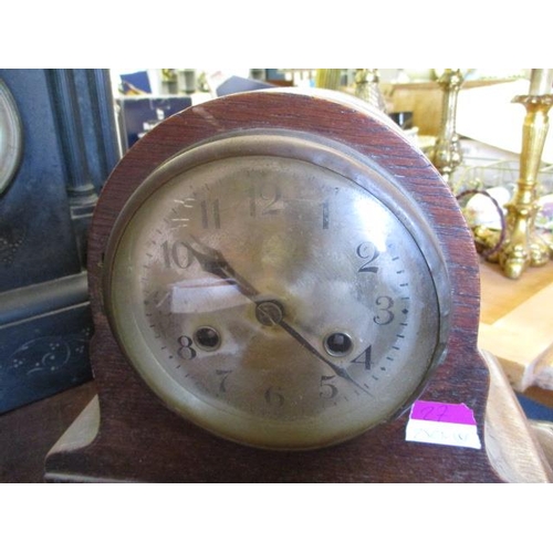 27 - A black marble clock A/F, together with an early 20th century oak cased mantle clock, also A/F