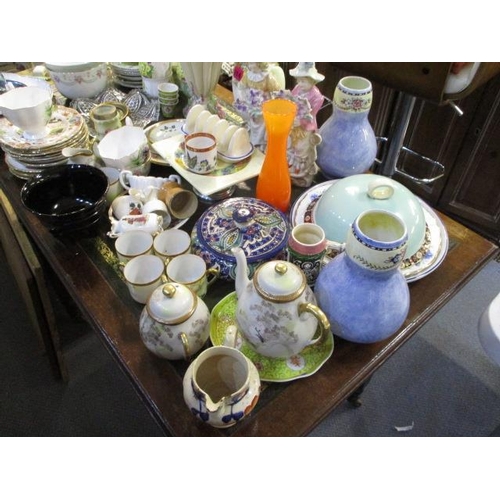 214 - A mixed lot to include mixed plates, cups and saucers, an Oriental coffee set, a pair of vases, two ... 