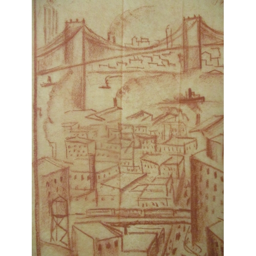 139 - Adriaan Lubbers - a view of Manhatten Bridge, New York over industrial buildings, orange pastel, 14 ... 