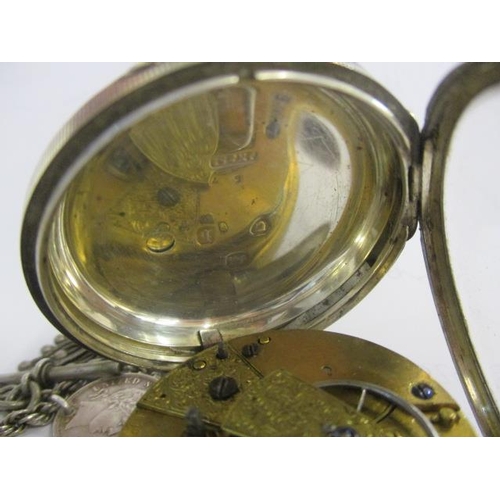 16 - A Victorian silver, open faced pocket watch having a silvered, engraved dial and gold coloured Roman... 