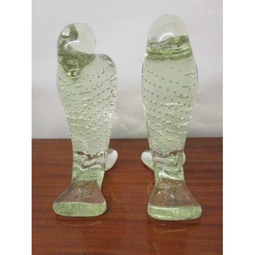 173 - A pair of Murano clear glass model doves with puffed out chests and bubble decoration, each with a l... 