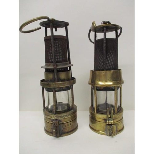 181 - Two Richard Johnson Clapham, Morris steel and brass miners safety lamps, one stamped 878, 9 1/2