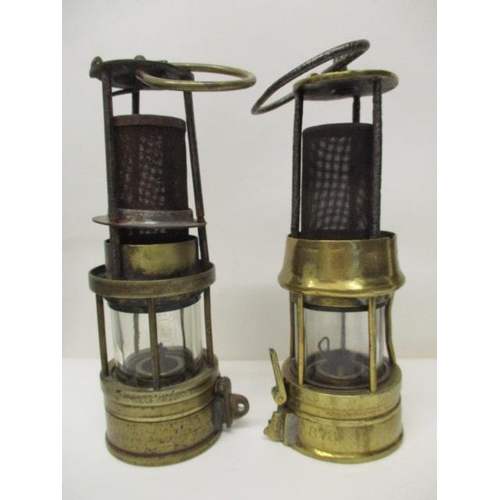 181 - Two Richard Johnson Clapham, Morris steel and brass miners safety lamps, one stamped 878, 9 1/2