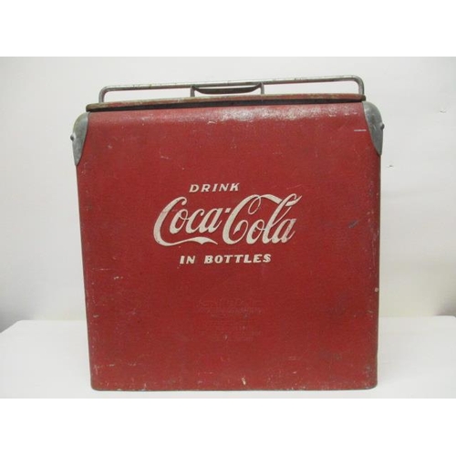 70 - A mid 20th century Action MFG Co red and white painted metal Coca Cola cooler box with a chrome hand... 