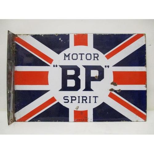 71 - An enamelled double sided BP Motor Spirit advertising sign with a Union Jack, stamped Protector Eccl... 