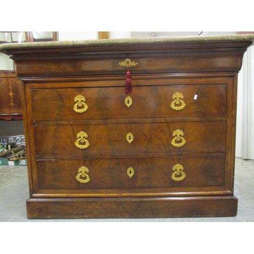 64 - A 19th century French mahogany commode having a marbled top over a cushion moulded drawer and three ... 