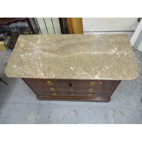 64 - A 19th century French mahogany commode having a marbled top over a cushion moulded drawer and three ... 