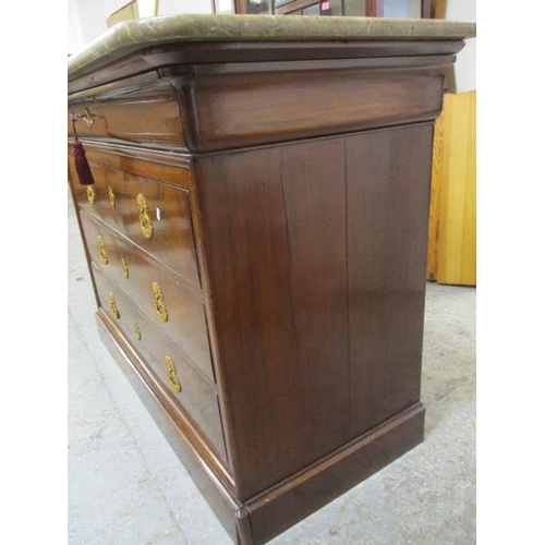 64 - A 19th century French mahogany commode having a marbled top over a cushion moulded drawer and three ... 