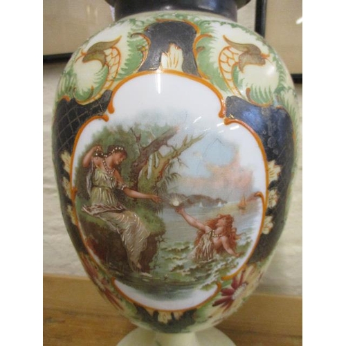 94 - A Victorian painted glass vase with lid 21