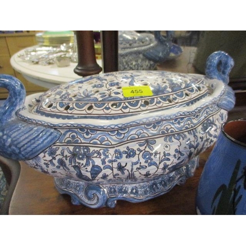 388 - A Portuguese china flower centrepiece, two pieces of Torquay Ware, a pottery bread crock and a Limog... 