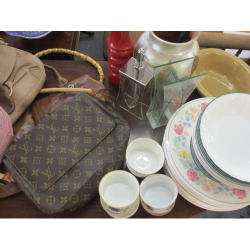 235 - Miscellaneous handbags, household items, china, glass and a circular vintage wall mirror