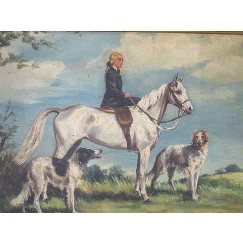 227 - British School - a horse and rider with two dogs in a landscape scene, oil on canvas, unsigned, 14