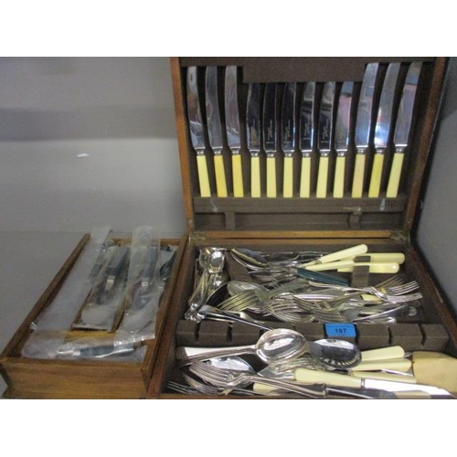 187 - A canteen of cutlery to include silver plate, together with Guy Derenne green handled cutlery