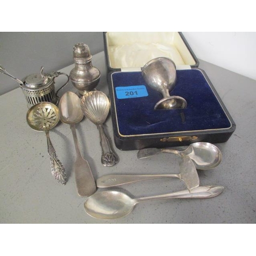 201 - Mixed silver to include a caddy spoon, condiments and other items