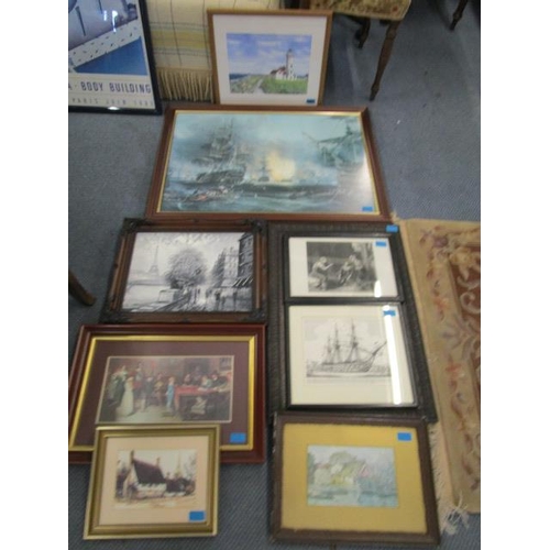 205 - A mixed lot of framed and glazed prints and watercolours to include a pen and ink and wash painting ... 