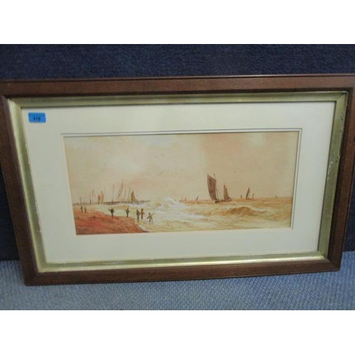 218 - F E Jamieson - fishing boats off the coast in stormy seas, watercolour, signed lower left corner 9 1... 