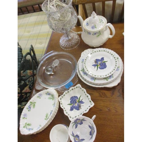 219 - A Queens China 'Blue Iris' part breakfast set and matched items, together with a glass lamp and pyre... 