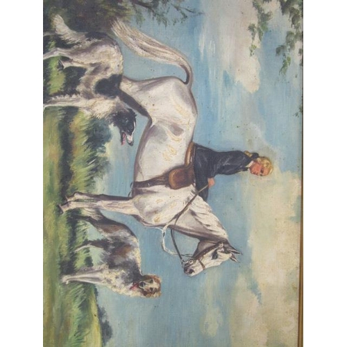 227 - British School - a horse and rider with two dogs in a landscape scene, oil on canvas, unsigned, 14