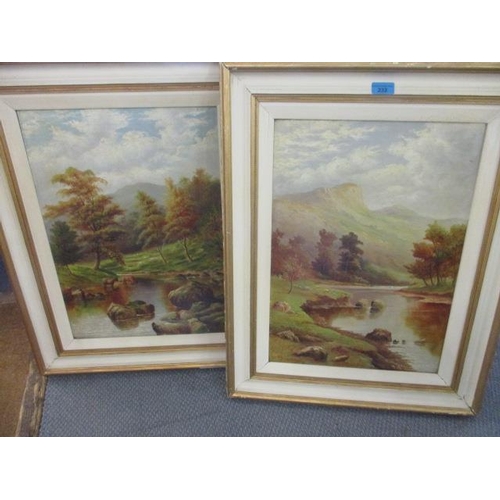 232 - A pair of early 20th century oils on canvas depicting riverbanks, unsigned, in gilt frames