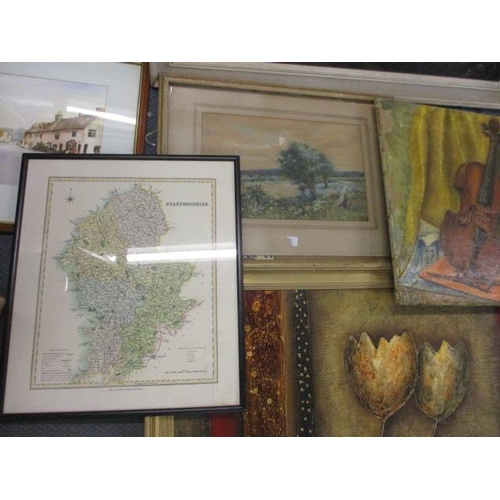 234 - A map of Staffordshire, an oil on canvas of a violin and mixed prints and watercolours