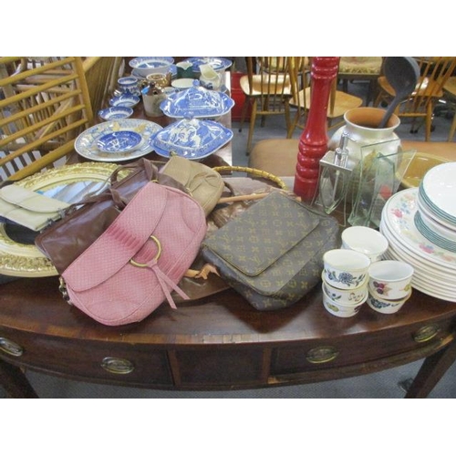 235 - Miscellaneous handbags, household items, china, glass and a circular vintage wall mirror