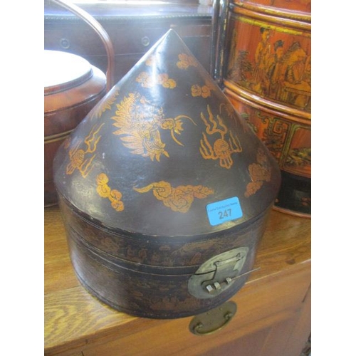 247 - A Chinese lacquered hat box with cone hinged top 13