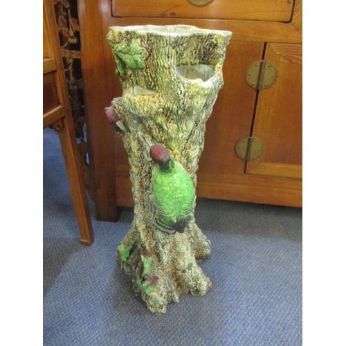 249 - A pottery stick stand decorated with woodpeckers and a fox cub A/F 24