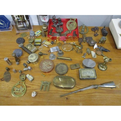 261 - Metal detectorists finds to include thimbles, various boxes, cast metal figures, bells and unusual a... 