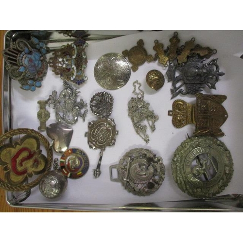 263 - Military related items to include cap badges, a swagger stick handle, jewellery, a Scottish brooch a... 