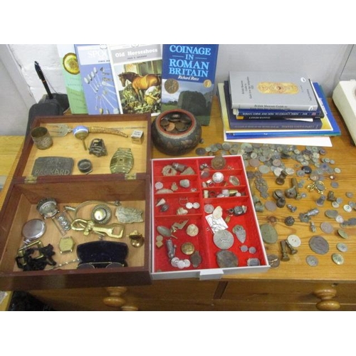 264 - Collectables and metal detectorists finds to include a Sekonda watch, pince-nez, thimbles, coins com... 