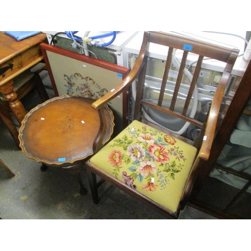 284 - A Georgian mahogany tapestry seated carver chair, together with a walnut occasional table and a fire... 