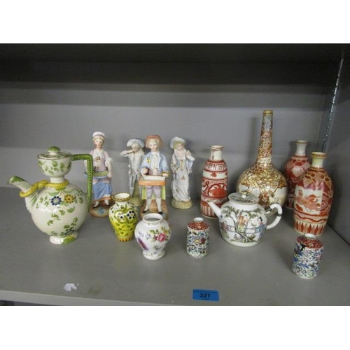 327 - Chinese, Japanese and Continental ceramics to include a pair of miniature pots, a teapot, figures an... 