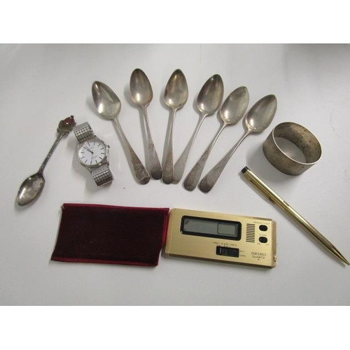 329 - Six Georgian silver spoons, mixed dates and makers, a silver plated and enamel spoon, a 1955 white m... 