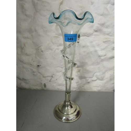 349 - A Victorian trumpet shaped clear glass vase, the wavy rim with a blue tint, the body with a crimped ... 