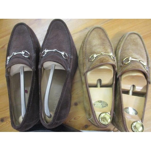 404 - Three pairs of Gucci gents loafers size 43 1/2E, together with one Gucci dust bag, and two Bally woo... 