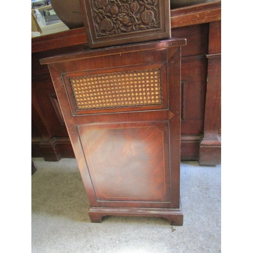 492 - An Edwardian inlaid mahogany and cane fronted linen basket with cane-work back, hinged lid and cloth... 