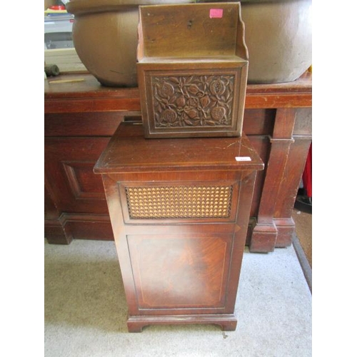 492 - An Edwardian inlaid mahogany and cane fronted linen basket with cane-work back, hinged lid and cloth... 