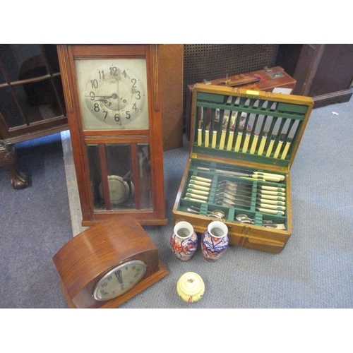 150 - A mid 20th century Ryas cutlery set in an oak box, together with a mid 20th century walnut cased man... 