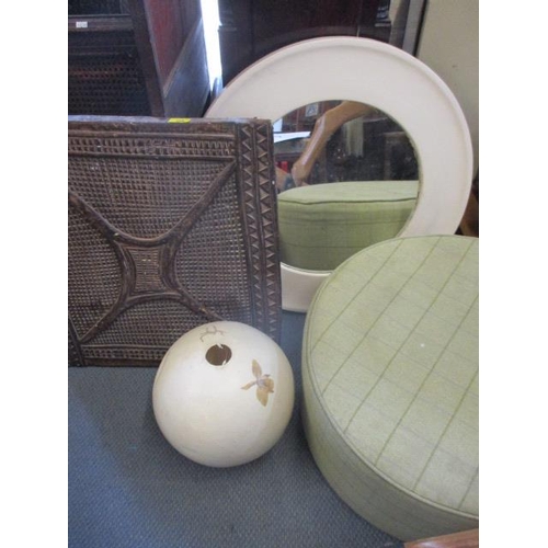 158 - Interior items to include a Next tartan stool, a mirror, a lamp shade and a tribal treen plaque