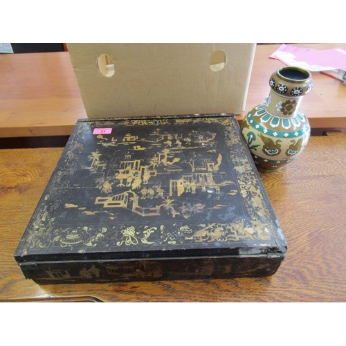 287 - A 19th century Chinese lacquered writing box and a Chinese enamel vase