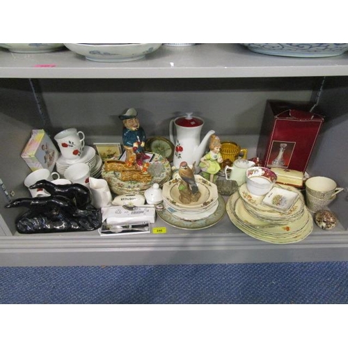 246 - Three shelves of miscellaneous china, ornaments and glassware to include two claret jugs, part tea s... 