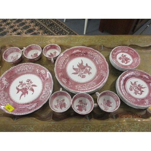 369 - A mid 20th century Spode Camilla part dinner service having white ground with pink floral design