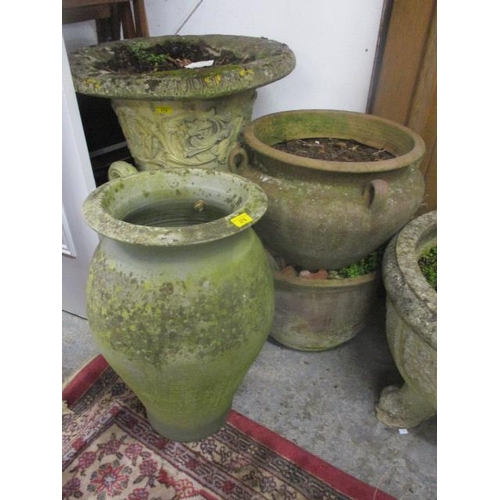 378 - A stoneware garden planter, together with two terracotta planers, two stepping stones and a small st... 