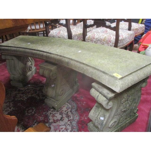 394 - A stoneware garden three-pedestal bench 18 1/2