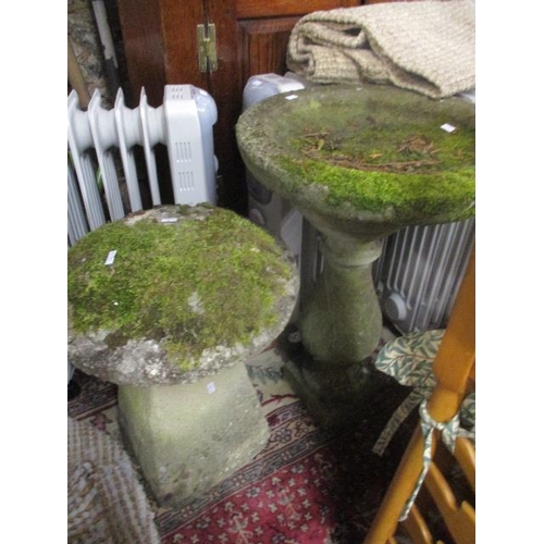 411 - A stoneware garden bird bath, together with a staddle stone