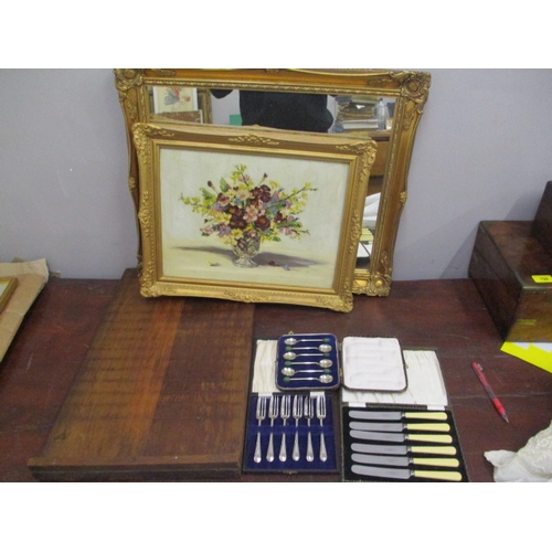 201 - A mixed lot to include silver plated box sets, a shove ha'penny board, coins, a gilt framed mirror a... 